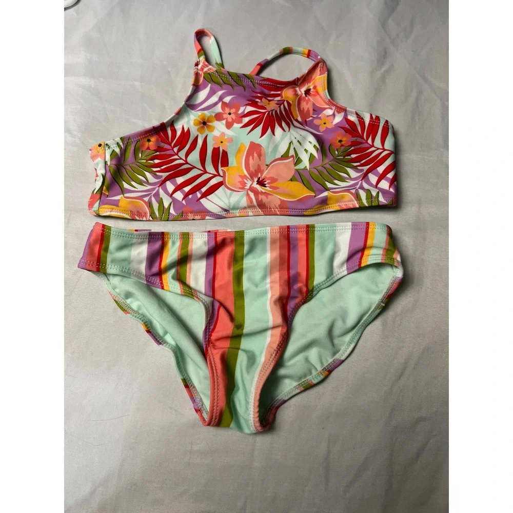 Girls Tropical Floral High Neck Bikini Set Multicolor Striped Two Piece Swimsuit